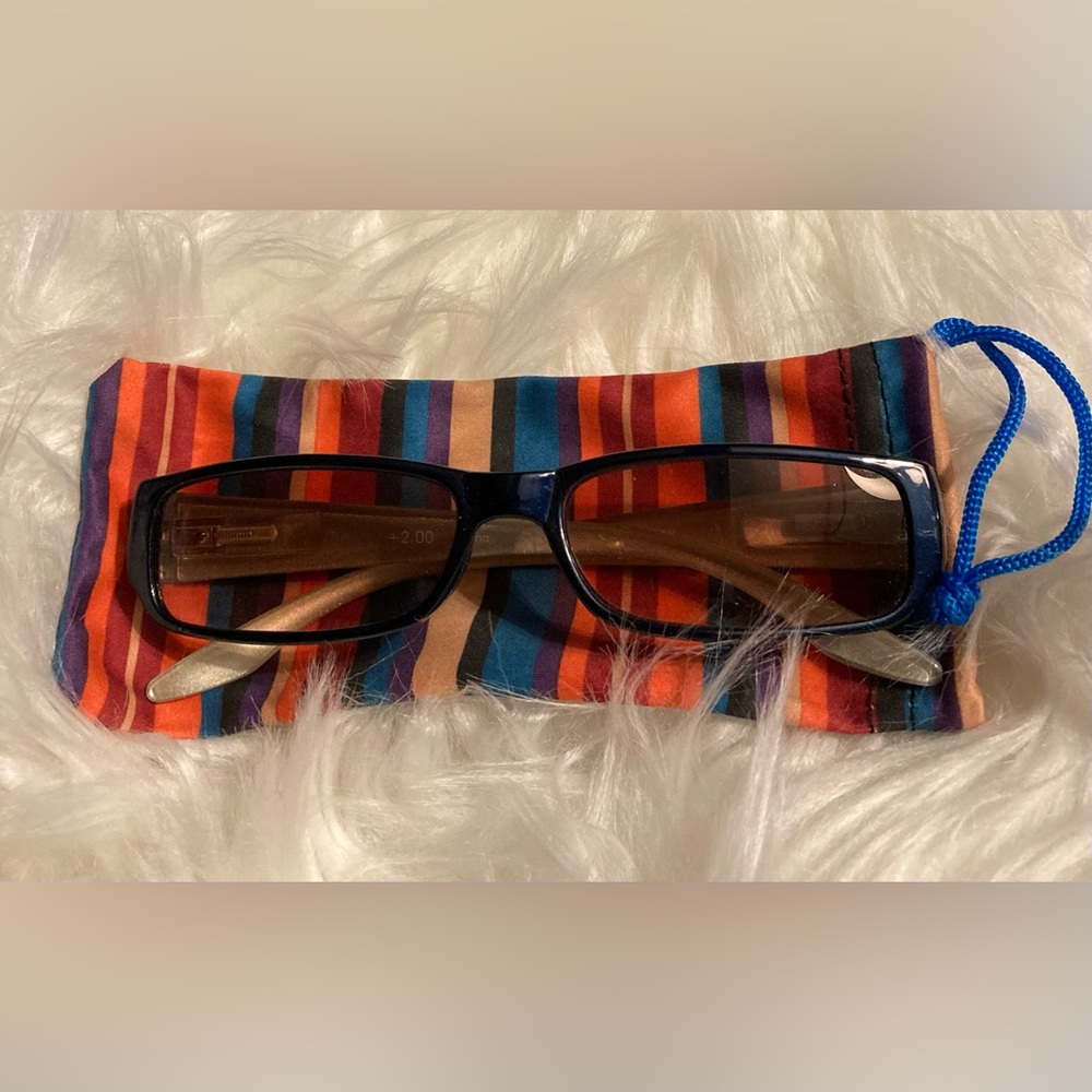 JM New York +2.00 Navy Blue Reading Glasses with Gold Temples & Dark Lenses